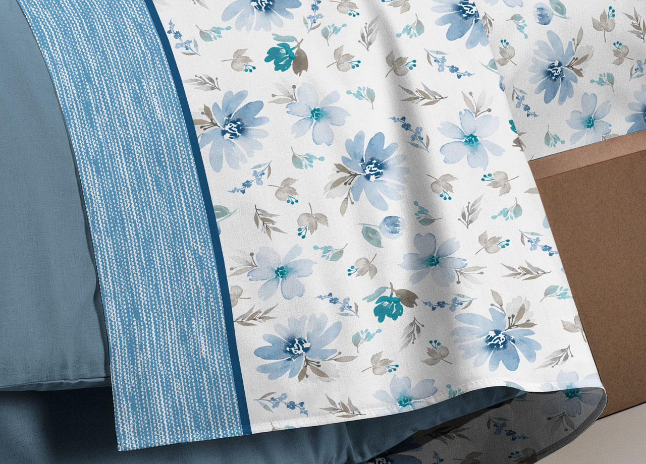 Completo Lenzuola Letto Flanella Calda 100% Cotone Disegno Fiori 8284 64 DETT 2 LENZ 8284 AZZ