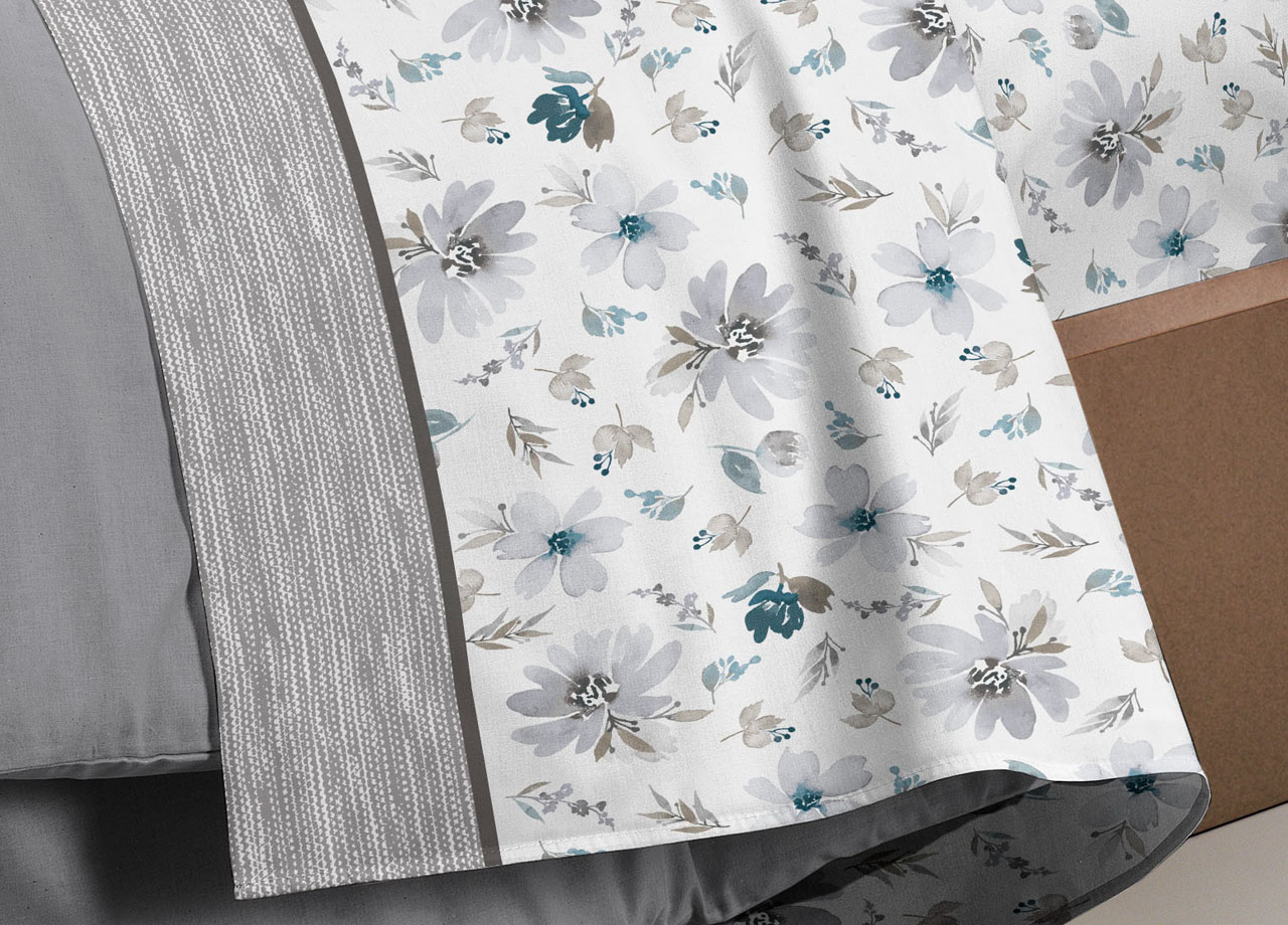 Completo Lenzuola Letto Flanella Calda 100% Cotone Disegno Fiori 8284 72 DETT 2 LENZ 8284 GRIGIO