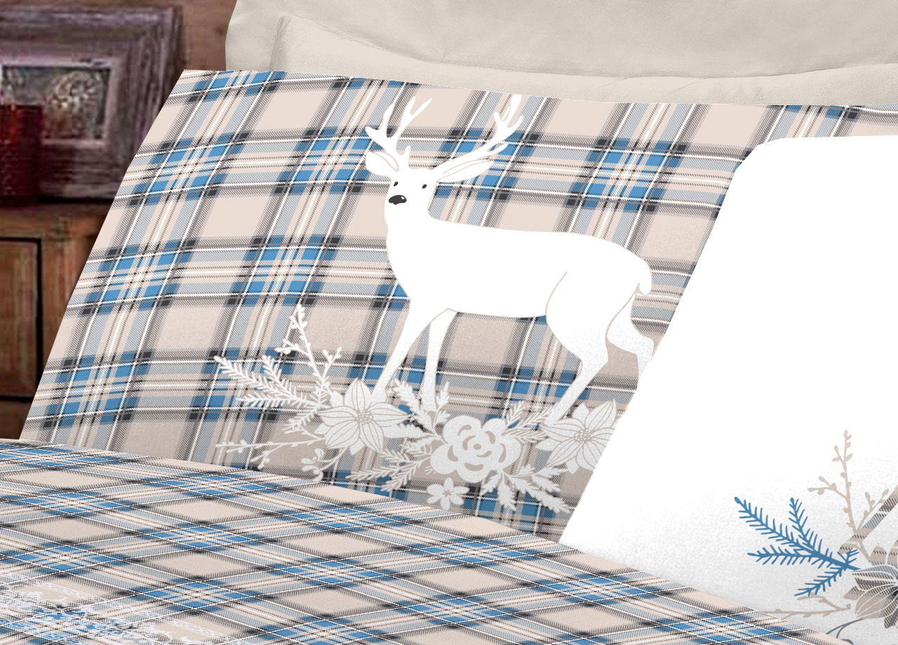 Completo Lenzuola Flanella Pensieri Delicati 100% Cotone Disegno Cervo Tartan 184 DETT 2 LENZ CERVO TARTAN AZZ FLAN