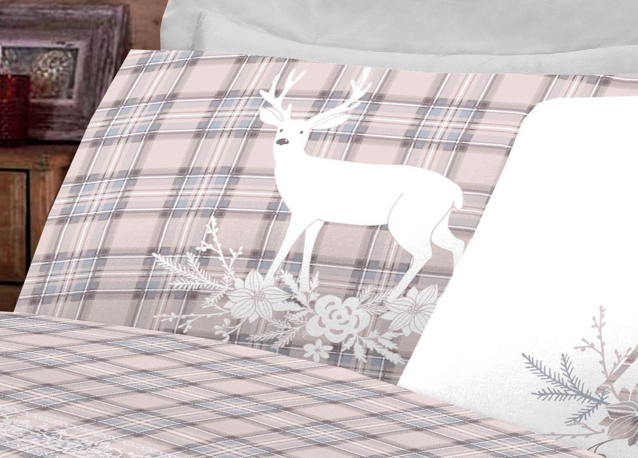 Completo Lenzuola Flanella Pensieri Delicati 100% Cotone Disegno Cervo Tartan 190 DETT 2 LENZ CERVO TARTAN BEIGE FLAN
