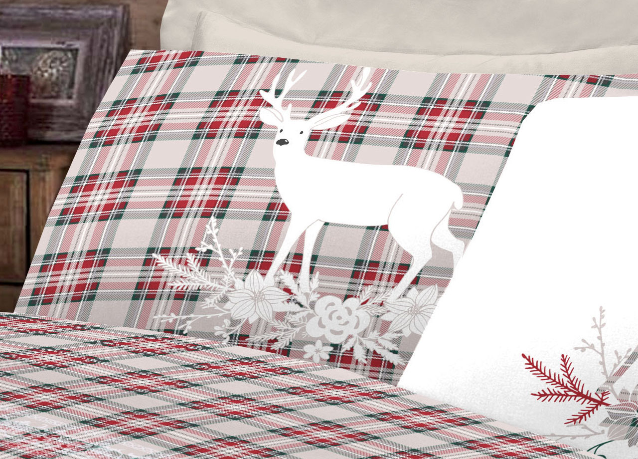Completo Lenzuola Flanella Pensieri Delicati 100% Cotone Disegno Cervo Tartan 194 DETT 2 LENZ CERVO TARTAN ROSSO FLAN