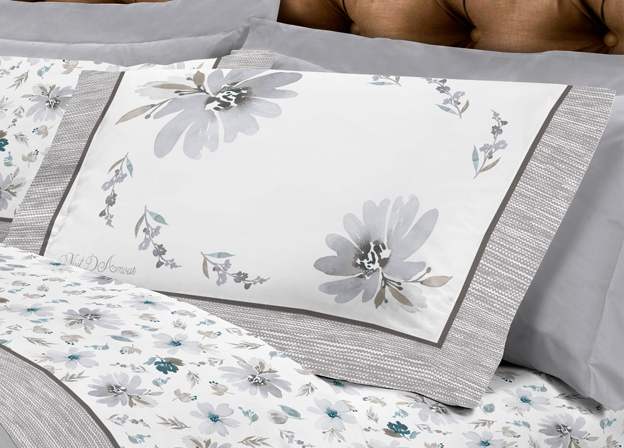 Completo Lenzuola Letto Flanella Calda 100% Cotone Disegno Fiori 8284 71 DETT LENZ 8284 GRIGIO