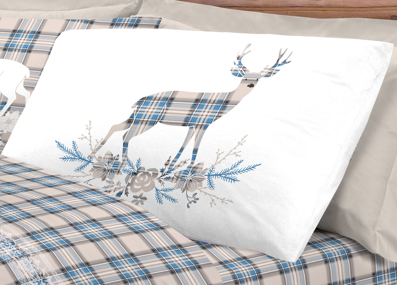 Completo Lenzuola Flanella Pensieri Delicati 100% Cotone Disegno Cervo Tartan 183 DETT LENZ CERVO TARTAN AZZ FLAN