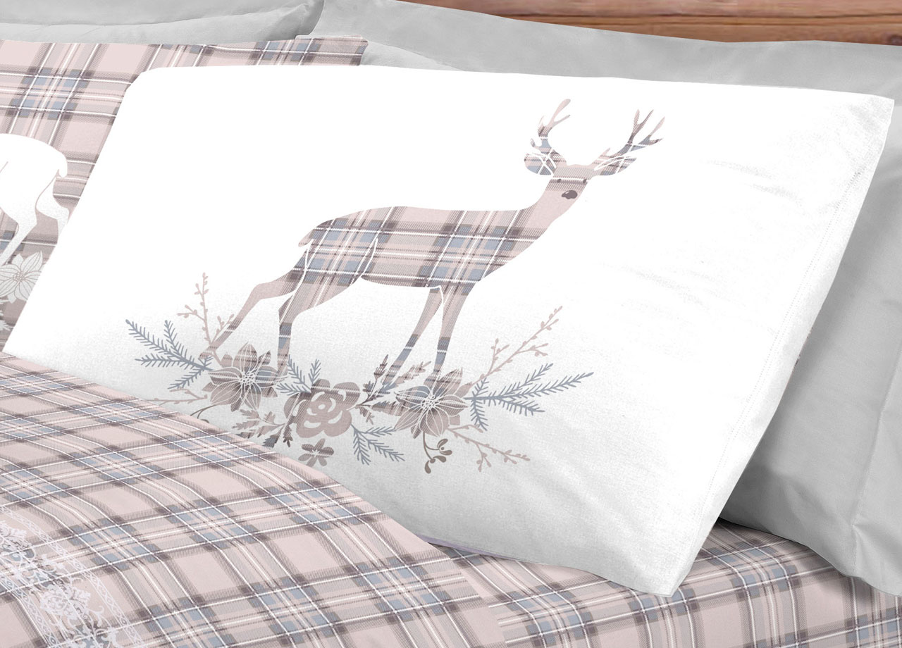 Completo Lenzuola Flanella Pensieri Delicati 100% Cotone Disegno Cervo Tartan 189 DETT LENZ CERVO TARTAN BEIGE FLAN