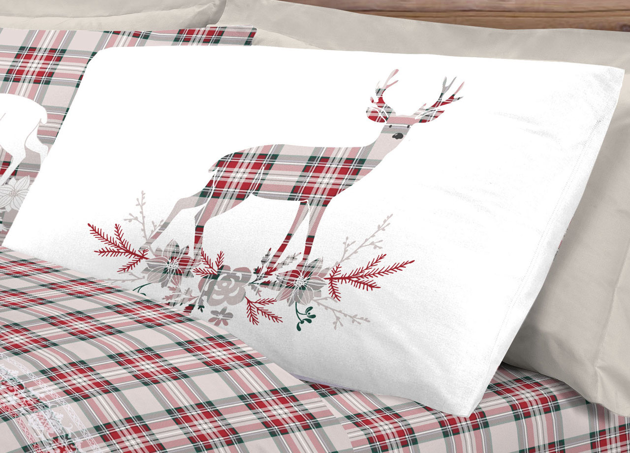 Completo Lenzuola Flanella Pensieri Delicati 100% Cotone Disegno Cervo Tartan 193 DETT LENZ CERVO TARTAN ROSSO FLAN