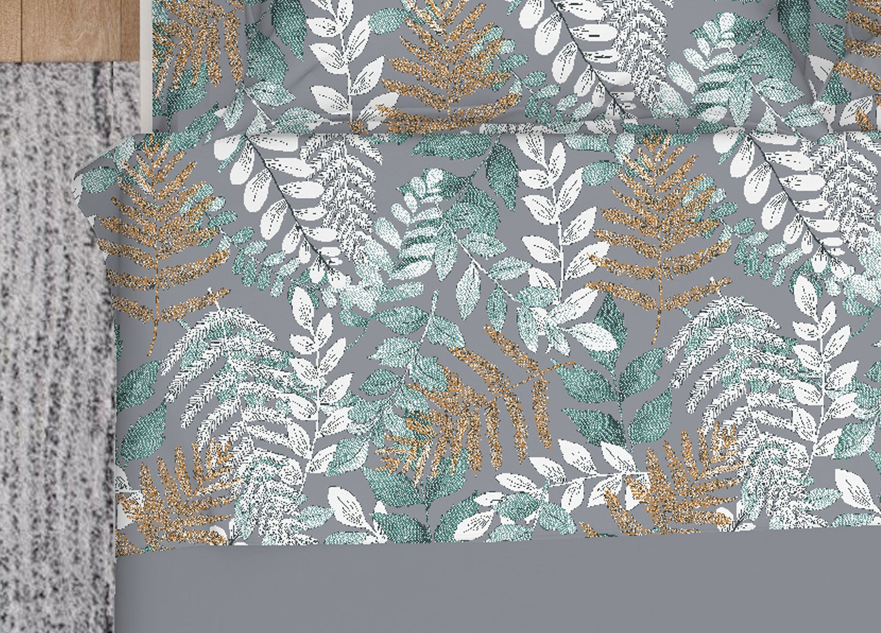 Completo Lenzuola In 100% Cotone Made Italy Disegno Foglie Botanico 72 DETT LENZ FOGLIA