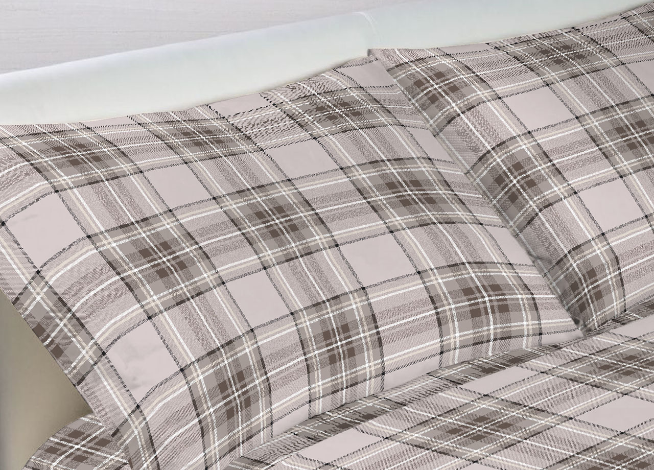 Completo Lenzuola In 100% Cotone Made In Italy Dis Scozzese Kilt 143 DETT LENZ KILT BEIGE