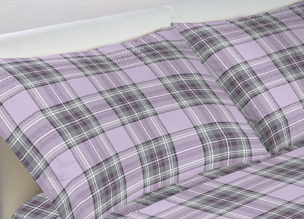 Completo Lenzuola In 100% Cotone Made In Italy Dis Scozzese Kilt 150 DETT LENZ KILT LILLA