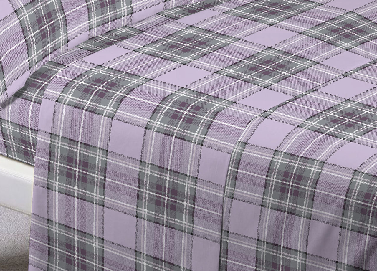 Completo Lenzuola In 100% Cotone Made In Italy Dis Scozzese Kilt 151 DETT LENZ KILT LILLA 2