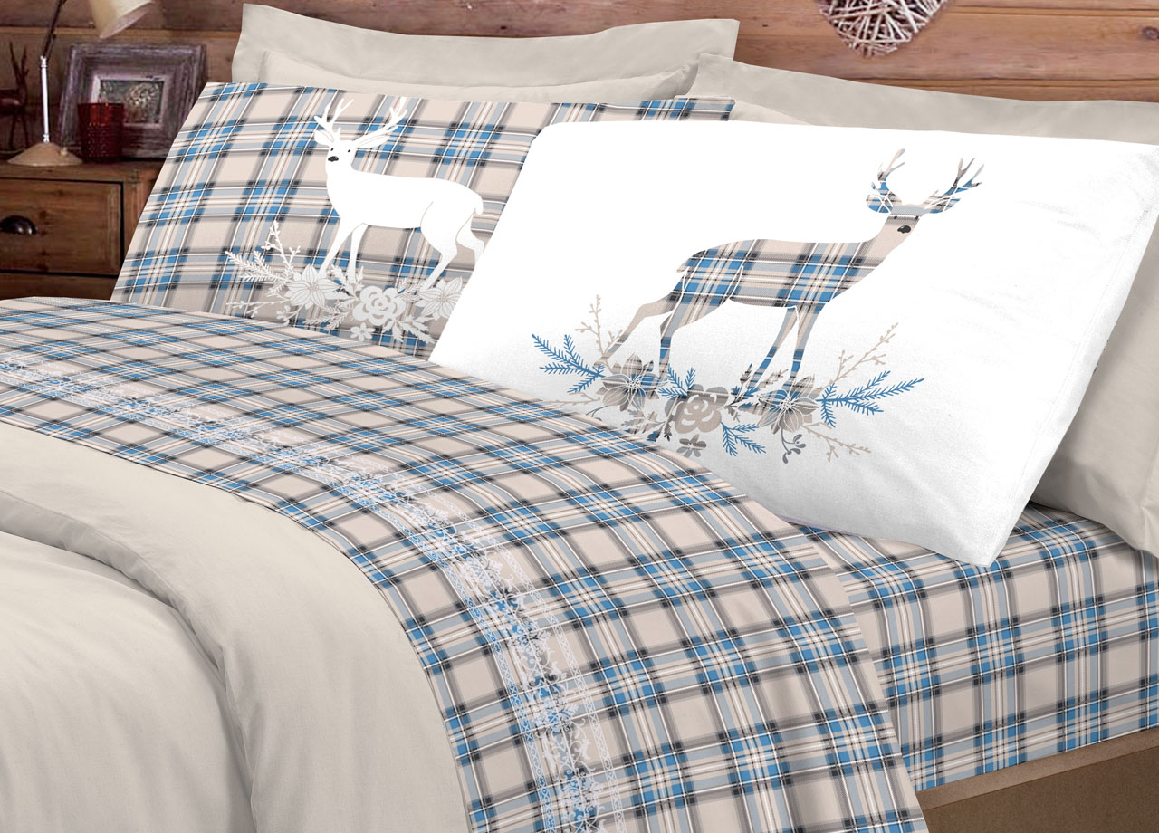 Completo Lenzuola Flanella Pensieri Delicati 100% Cotone Disegno Cervo Tartan 182 ENZ CERVO TARTAN AZZ FLAN