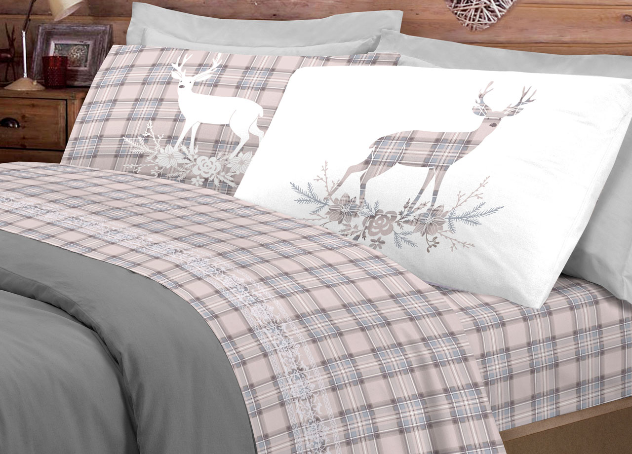 Completo Lenzuola Flanella Pensieri Delicati 100% Cotone Disegno Cervo Tartan 188 ENZ CERVO TARTAN BEIGE FLAN