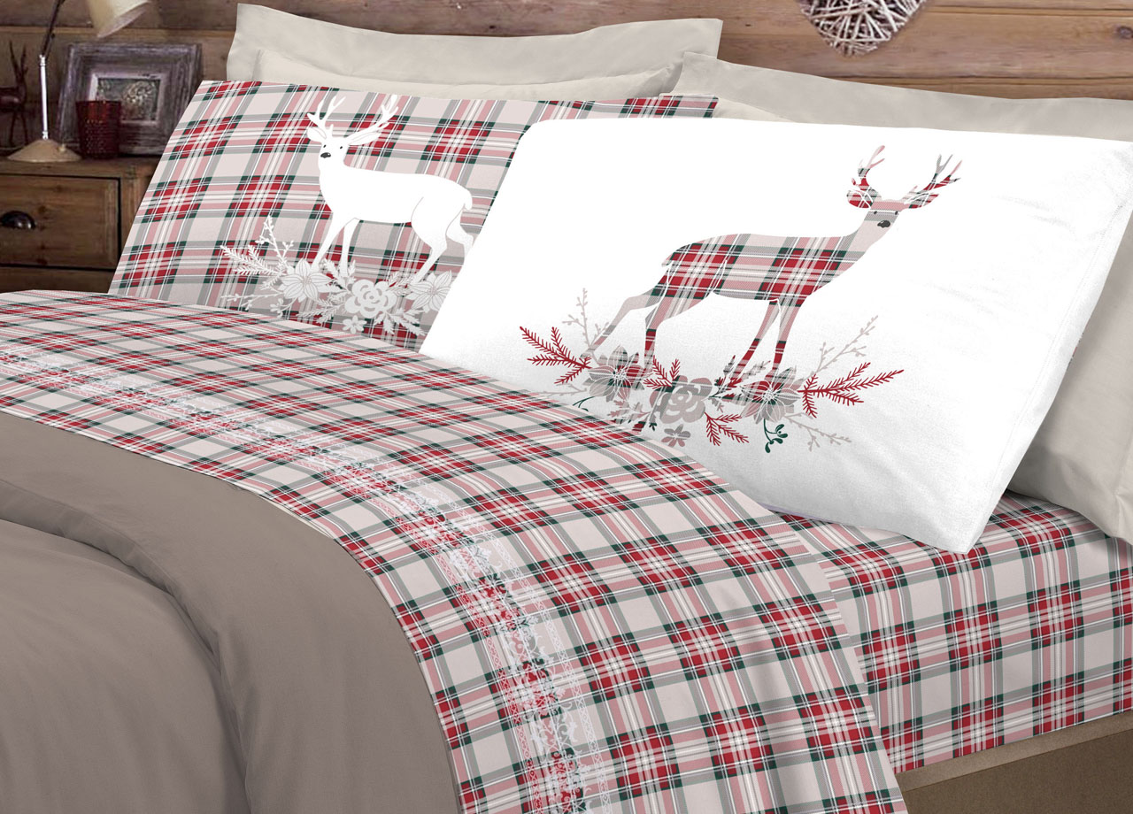 Completo Lenzuola Flanella Pensieri Delicati 100% Cotone Disegno Cervo Tartan 192 ENZ CERVO TARTAN ROSSO FLAN