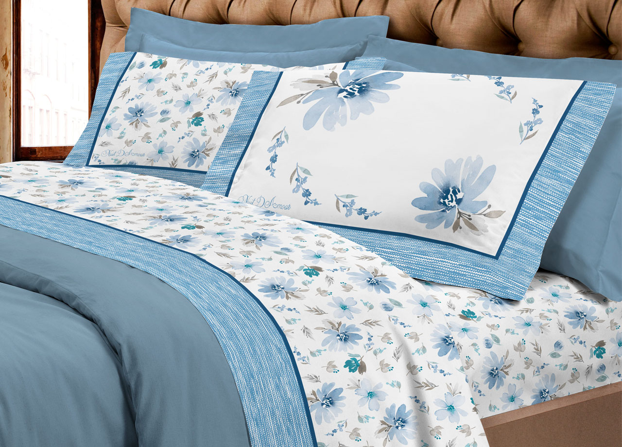 Completo Lenzuola Letto Flanella Calda 100% Cotone Disegno Fiori 8284 62 LENZ 8284 AZZ