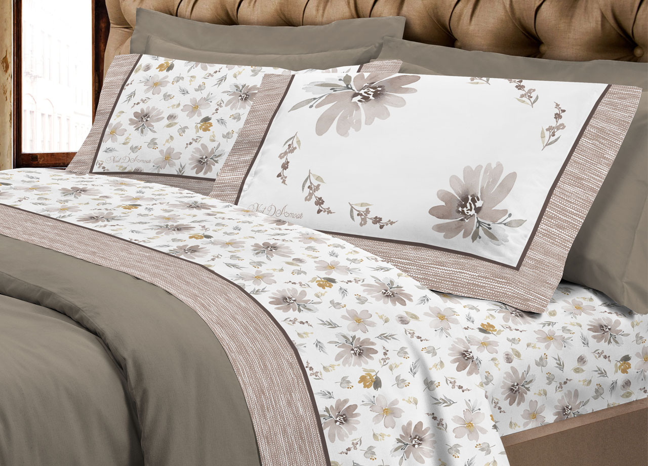 Completo Lenzuola Letto Flanella Calda 100% Cotone Disegno Fiori 8284 67 LENZ 8284 BEIGE
