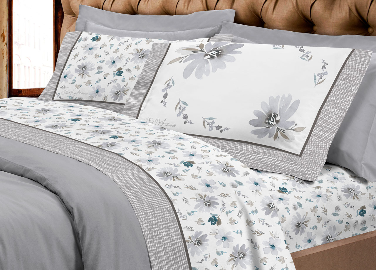 Completo Lenzuola Letto Flanella Calda 100% Cotone Disegno Fiori 8284 70 LENZ 8284 GRIGIO
