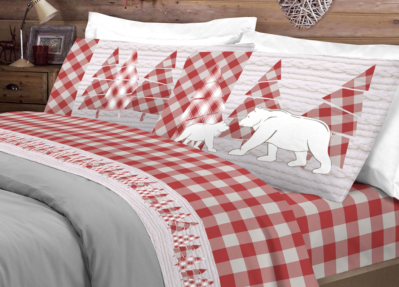 Completo Lenzuola Flanella Pensieri Delicati 100% Cotone Disegno Canada 12 LENZ FLANELLA CANADA ROSSO