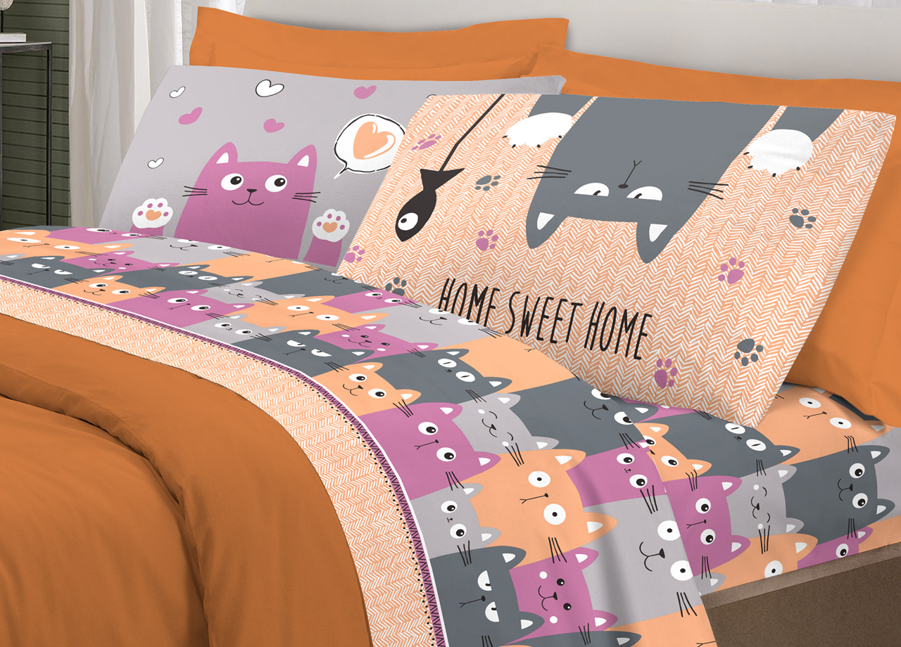 Completo Lenzuola Letto Pensieri Delicati 100% Cotone Disegno Happy Cat 272 LENZ HAPPY CATS ARANCIO