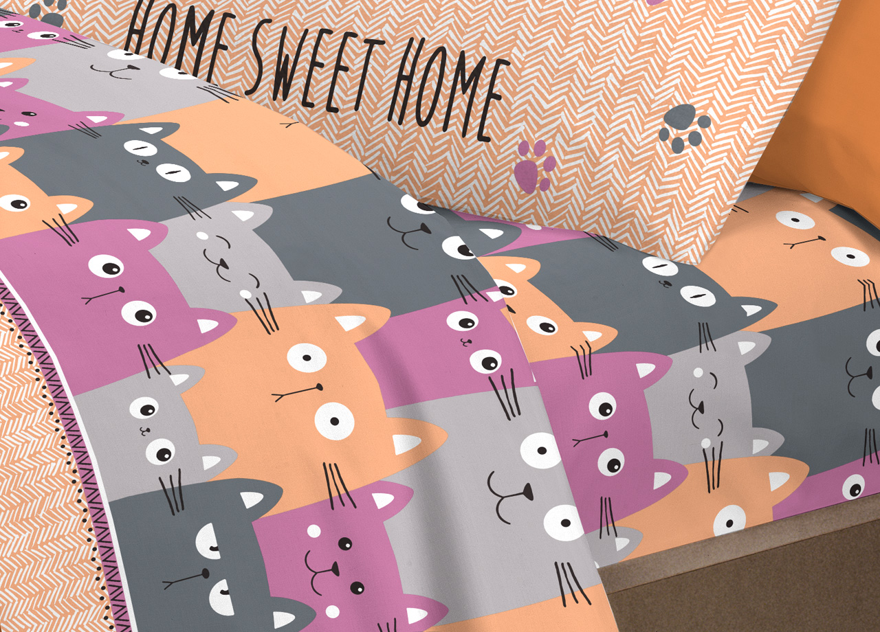 Completo Lenzuola Letto Pensieri Delicati 100% Cotone Disegno Happy Cat 273 LENZ HAPPY CATS ARANCIO DETT