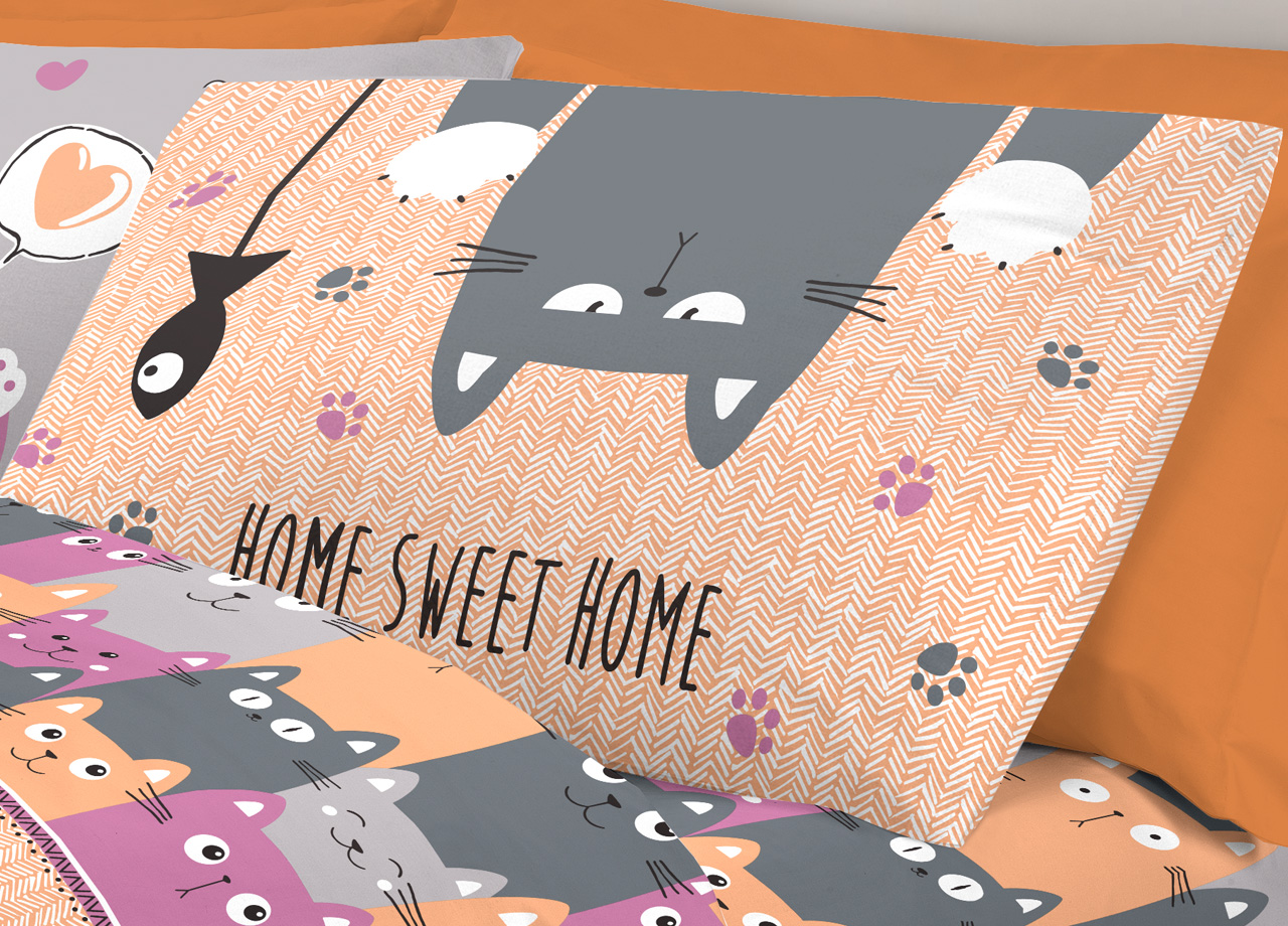 Completo Lenzuola Letto Pensieri Delicati 100% Cotone Disegno Happy Cat 274 LENZ HAPPY CATS ARANCIO DETT2