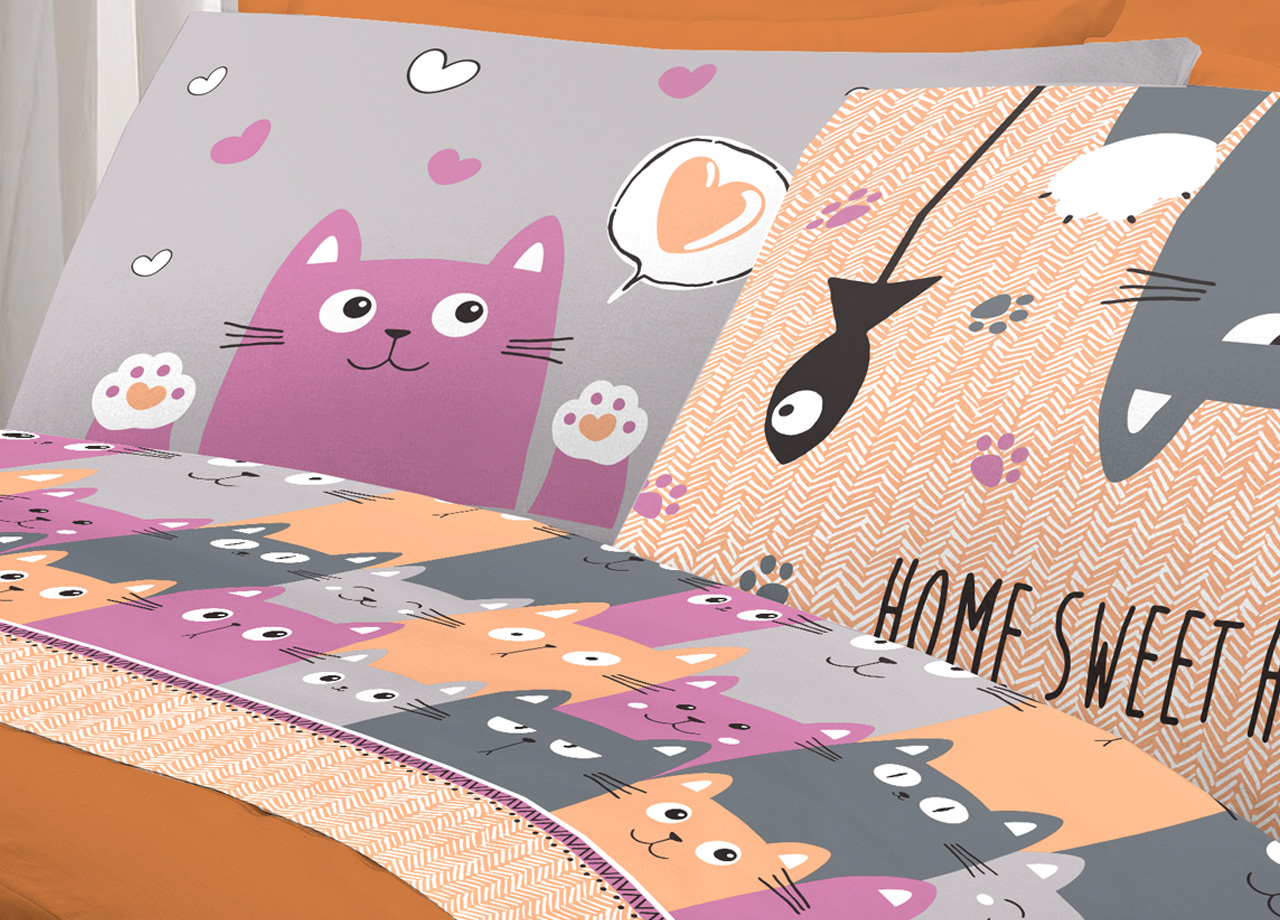 Completo Lenzuola Letto Pensieri Delicati 100% Cotone Disegno Happy Cat 275 LENZ HAPPY CATS ARANCIO DETT3