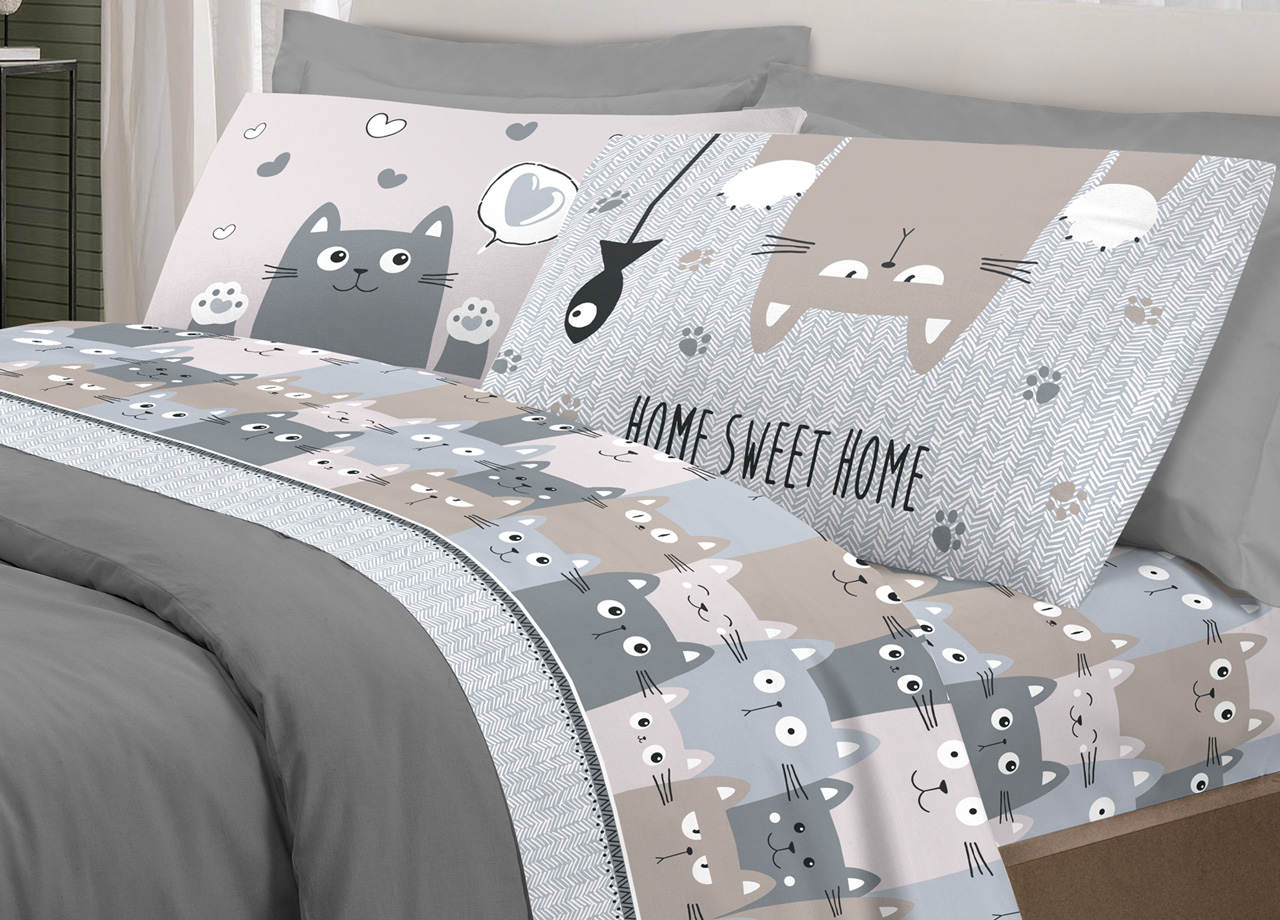 Completo Lenzuola Letto Pensieri Delicati 100% Cotone Disegno Happy Cat 278 LENZ HAPPY CATS GRIGIO