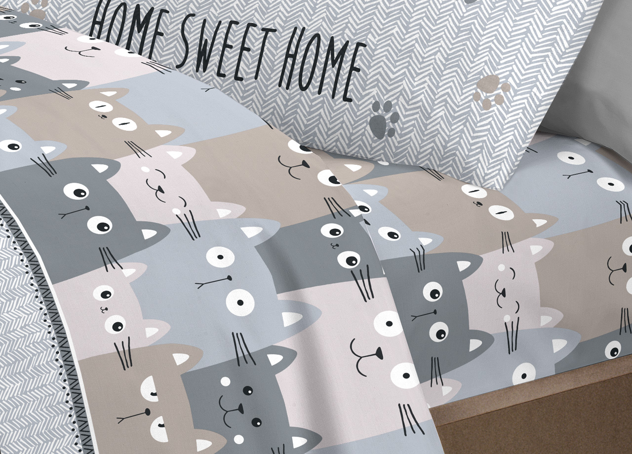 Completo Lenzuola Letto Pensieri Delicati 100% Cotone Disegno Happy Cat 279 LENZ HAPPY CATS GRIGIO DETT
