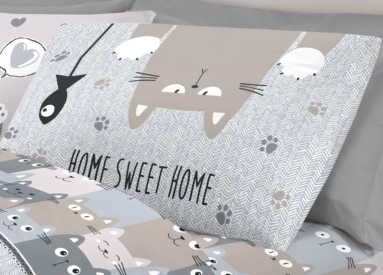 Completo Lenzuola Letto Pensieri Delicati 100% Cotone Disegno Happy Cat 280 LENZ HAPPY CATS GRIGIO DETT2