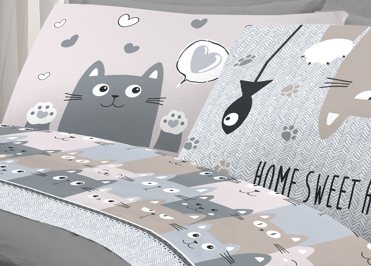 Completo Lenzuola Letto Pensieri Delicati 100% Cotone Disegno Happy Cat 281 LENZ HAPPY CATS GRIGIO DETT3