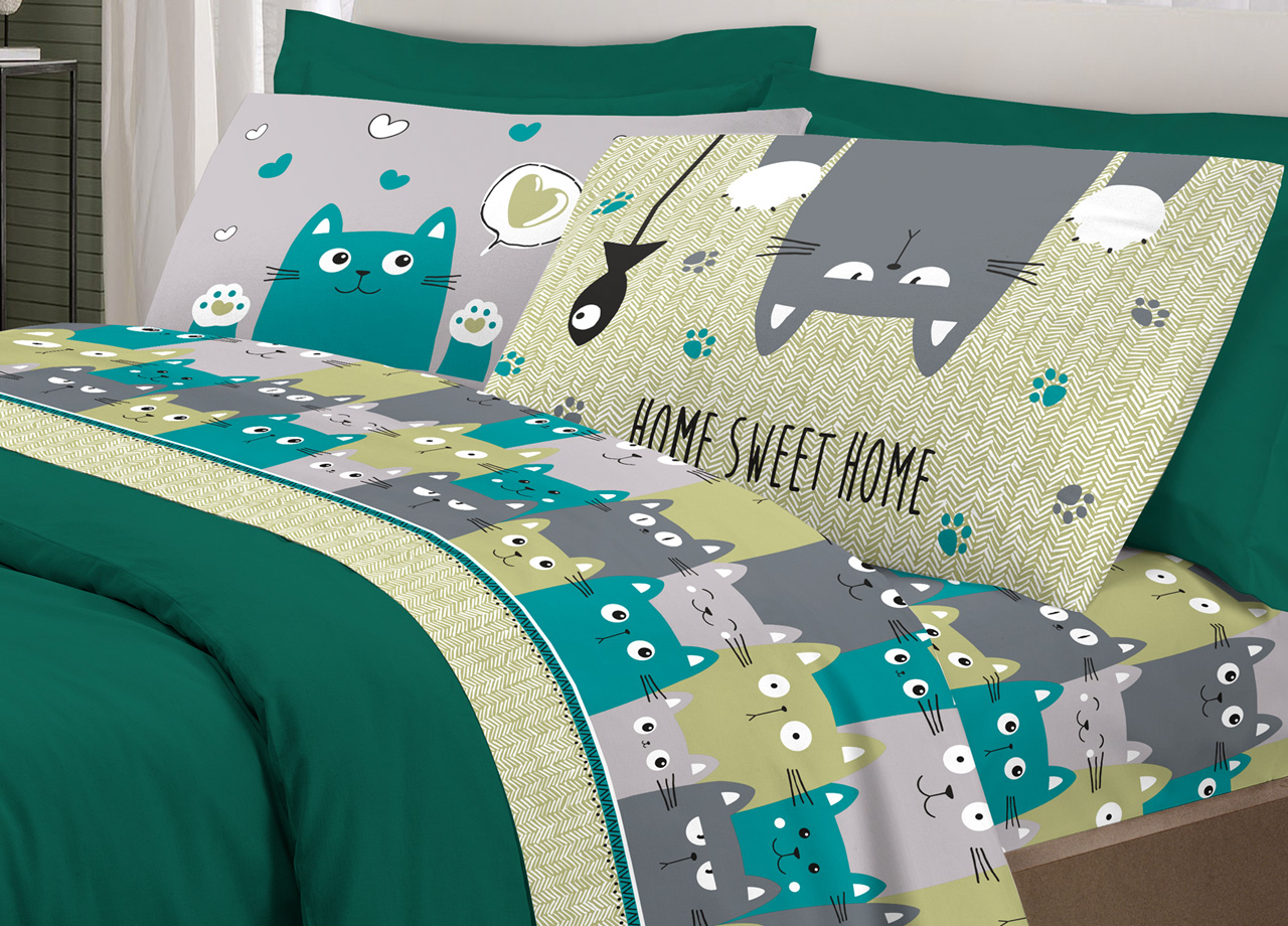 Completo Lenzuola Letto Pensieri Delicati 100% Cotone Disegno Happy Cat 282 LENZ HAPPY CATS VERDE