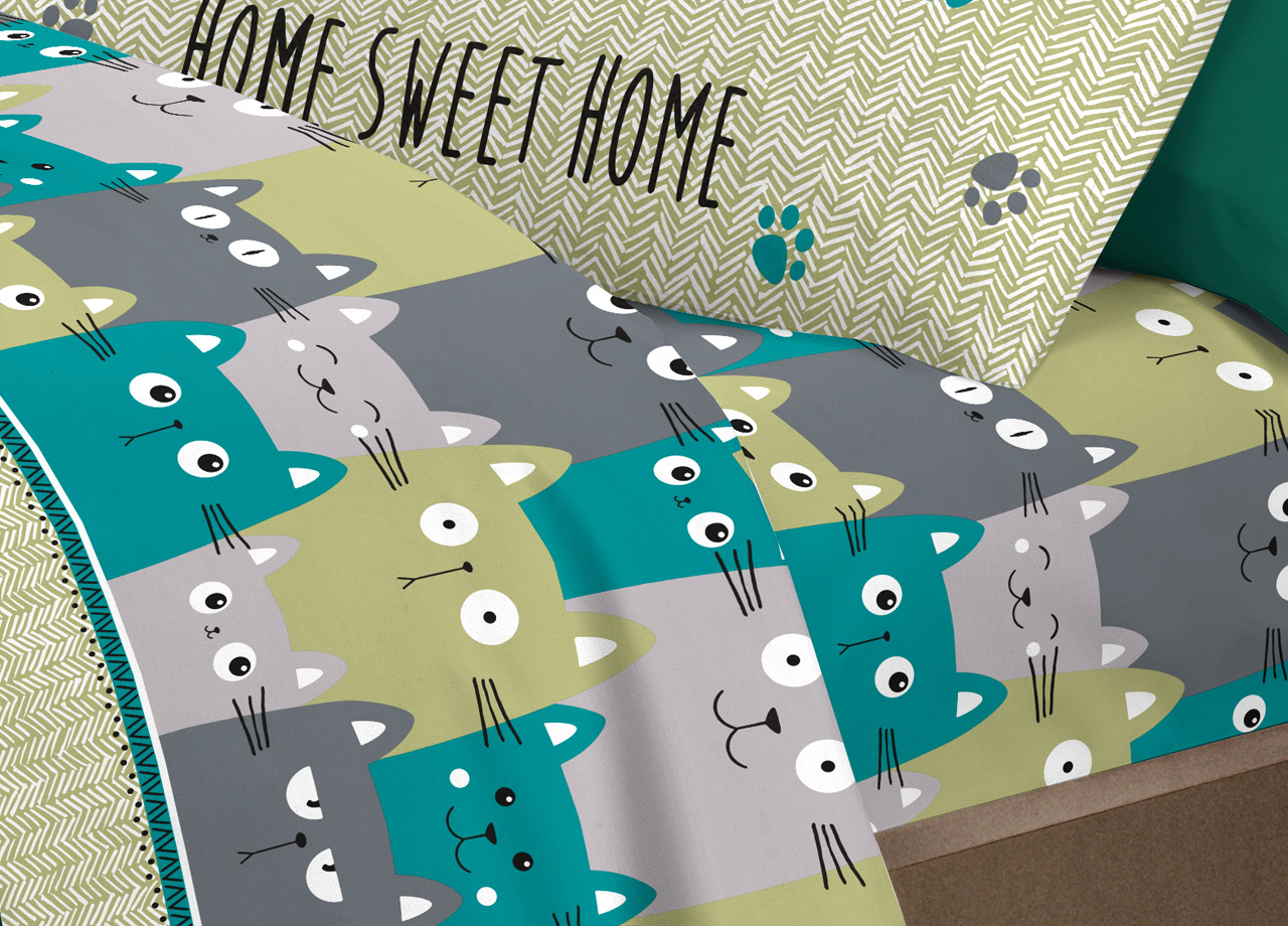 Completo Lenzuola Letto Pensieri Delicati 100% Cotone Disegno Happy Cat 283 LENZ HAPPY CATS VERDE DETT