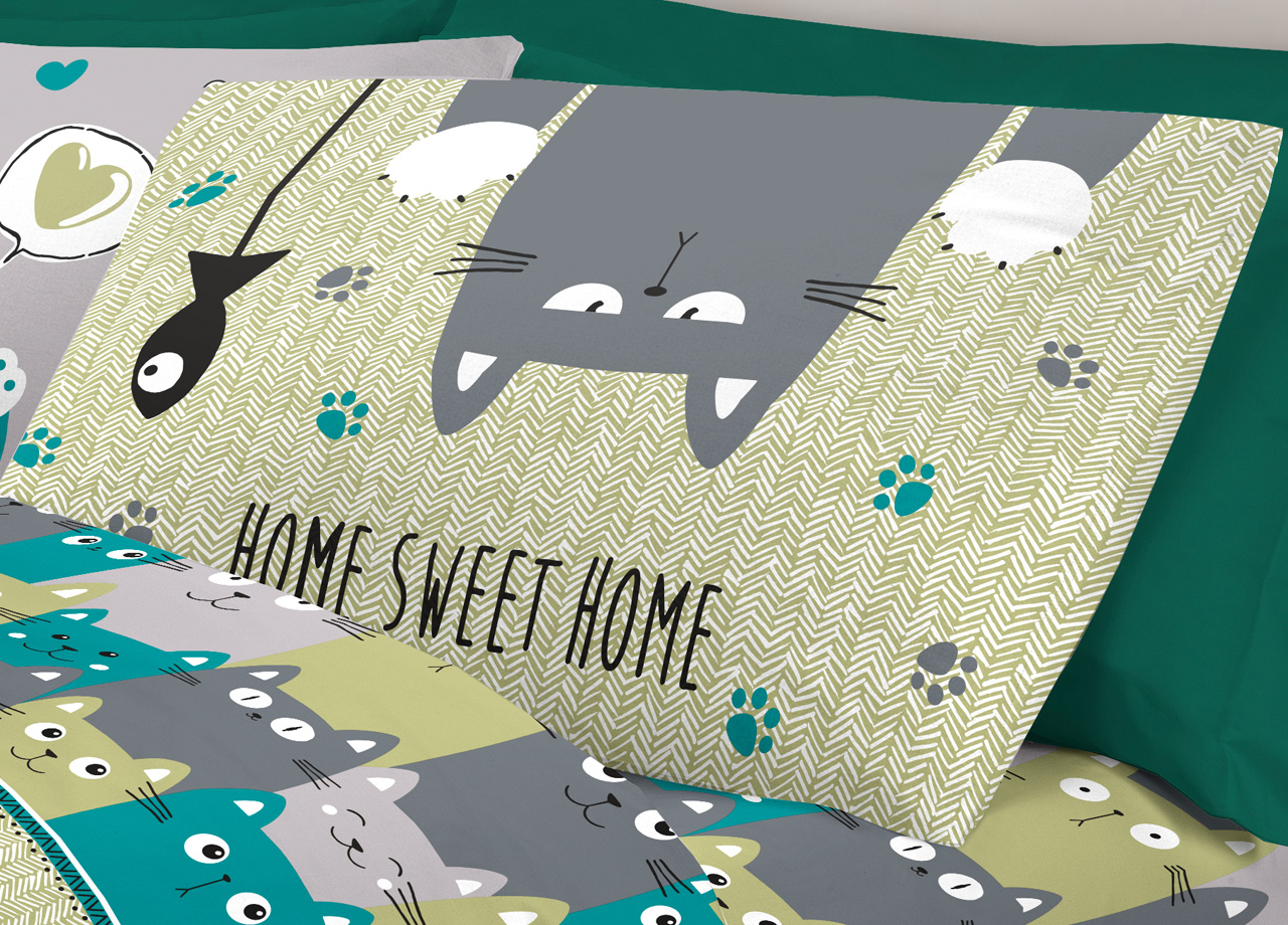Completo Lenzuola Letto Pensieri Delicati 100% Cotone Disegno Happy Cat 284 LENZ HAPPY CATS VERDE DETT2