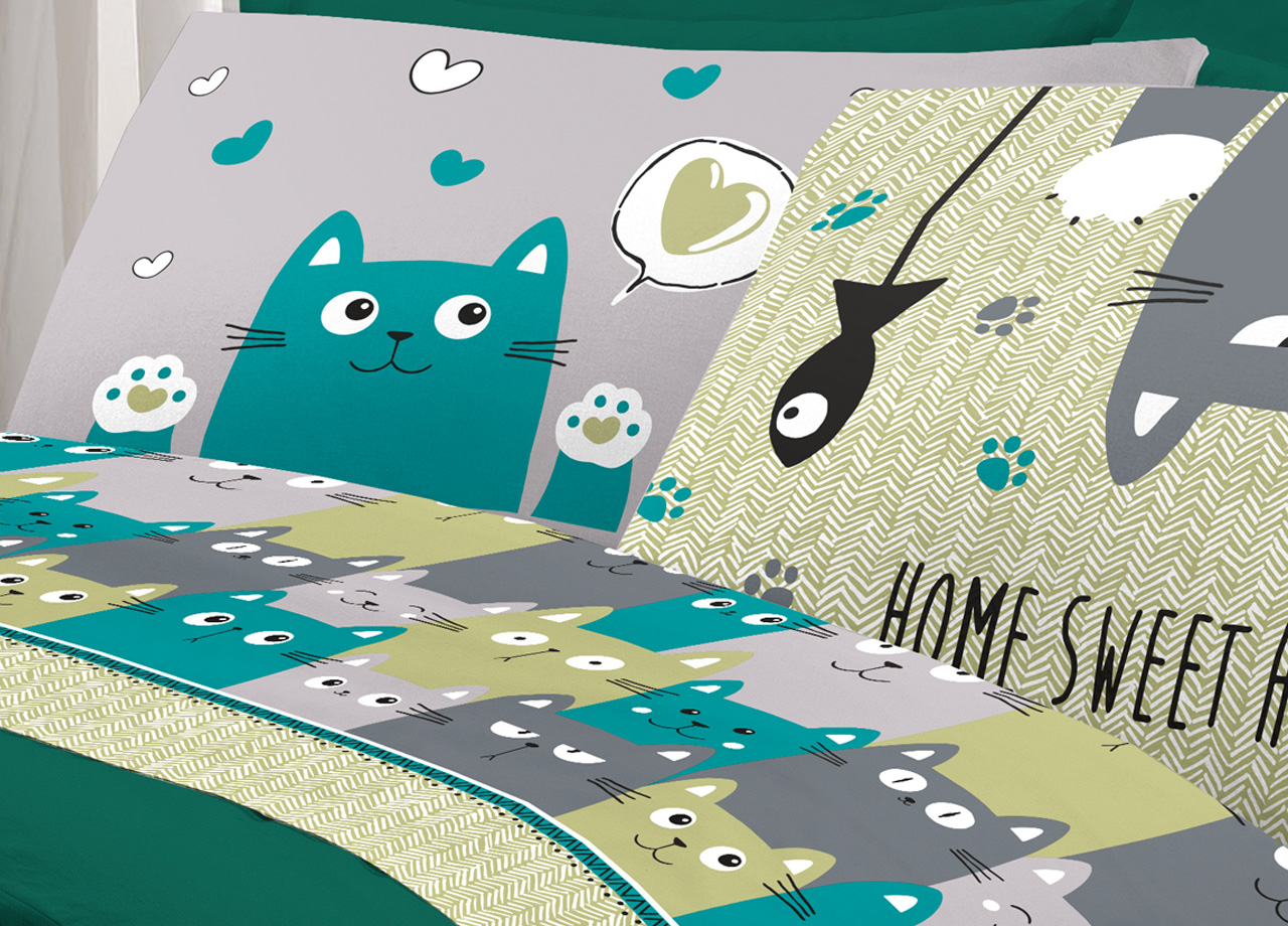 Completo Lenzuola Letto Pensieri Delicati 100% Cotone Disegno Happy Cat 285 LENZ HAPPY CATS VERDE DETT3