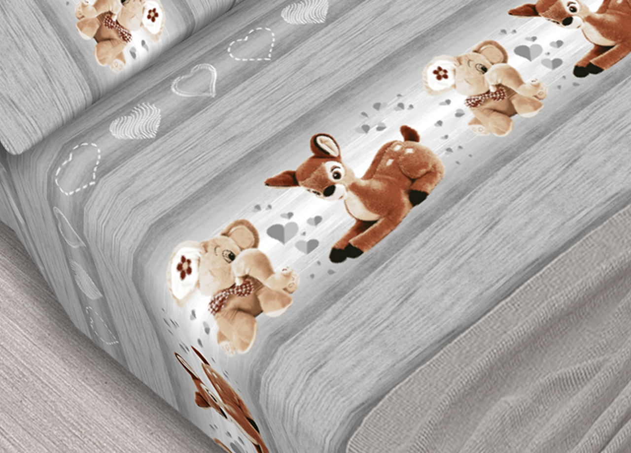 Completo Lenzuola In 100% Cotone Dis. Peluches Colore Grigio C.N. 18 LENZ PELUCHES GRIGIO DETTAGLIO
