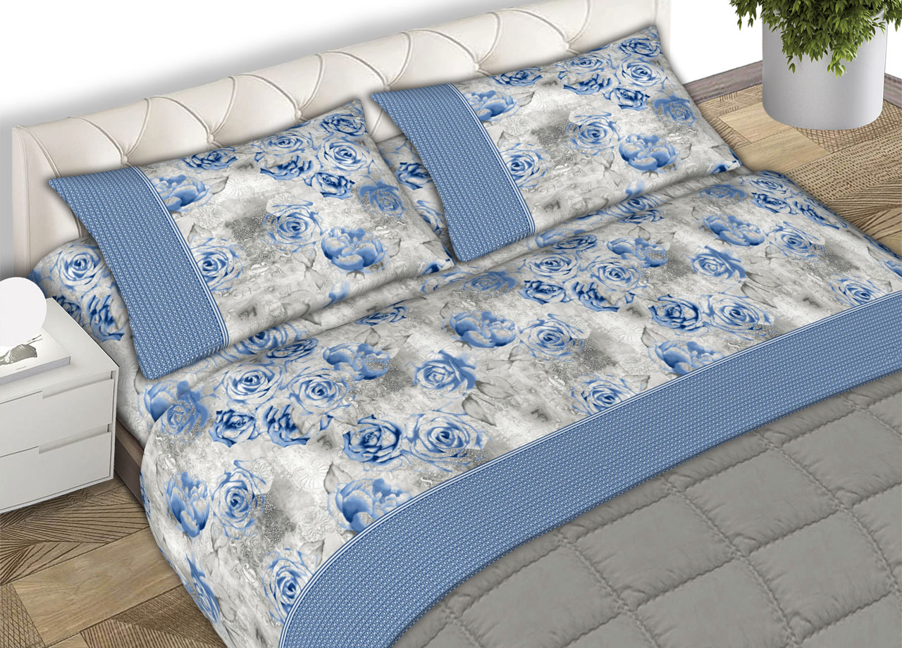 Completo Lenzuola Letto Matrimoniale 100% Cotone Made Italy Dis. Sonia CN 43 LENZ SONIA AZZURRO