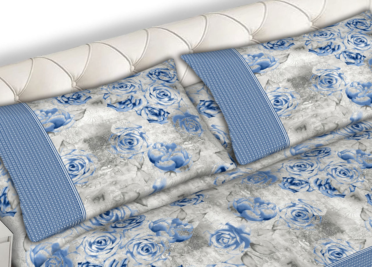 Completo Lenzuola Letto Matrimoniale 100% Cotone Made Italy Dis. Sonia CN 44 LENZ SONIA AZZURRO DETT