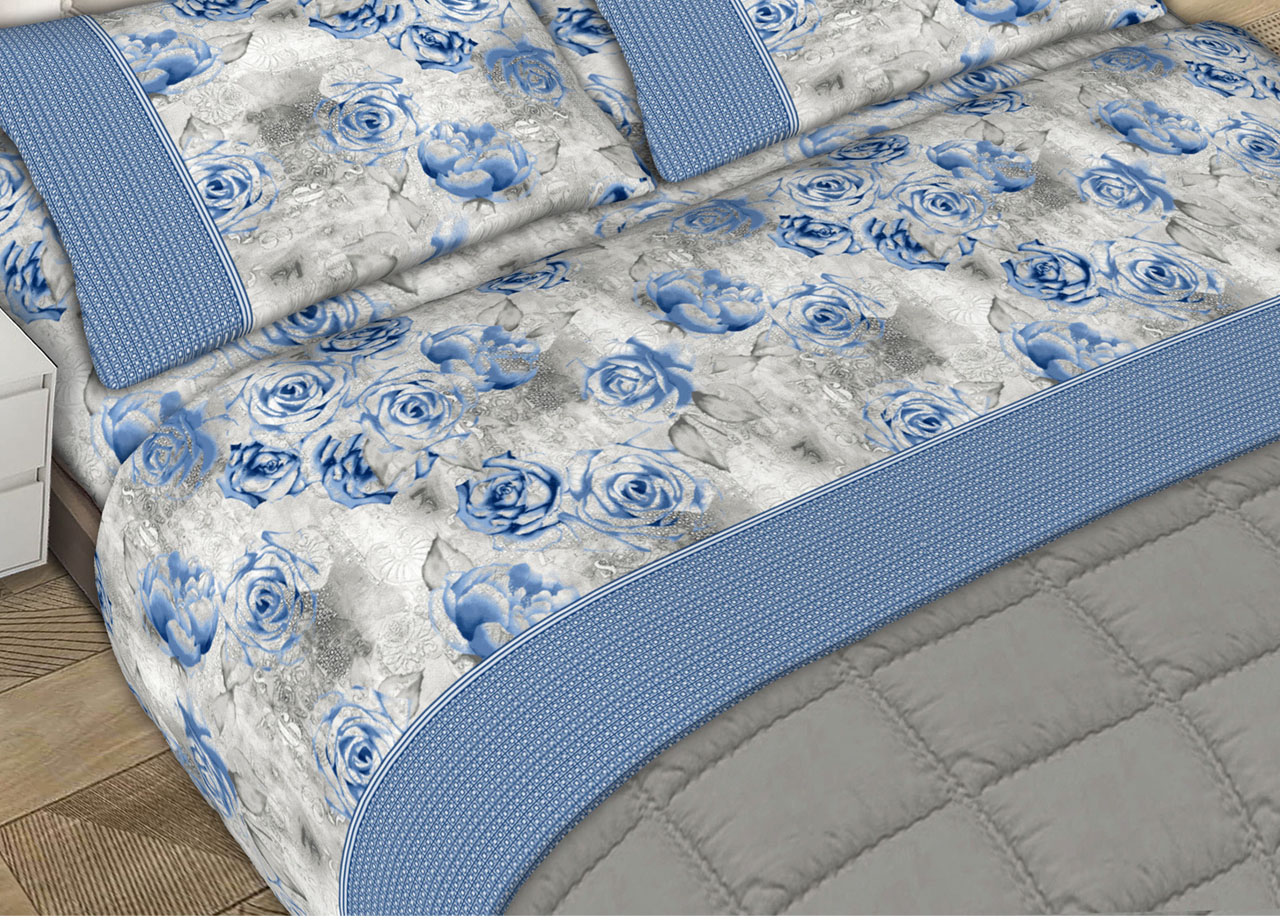 Completo Lenzuola Letto Matrimoniale 100% Cotone Made Italy Dis. Sonia CN 45 LENZ SONIA AZZURRO DETT2