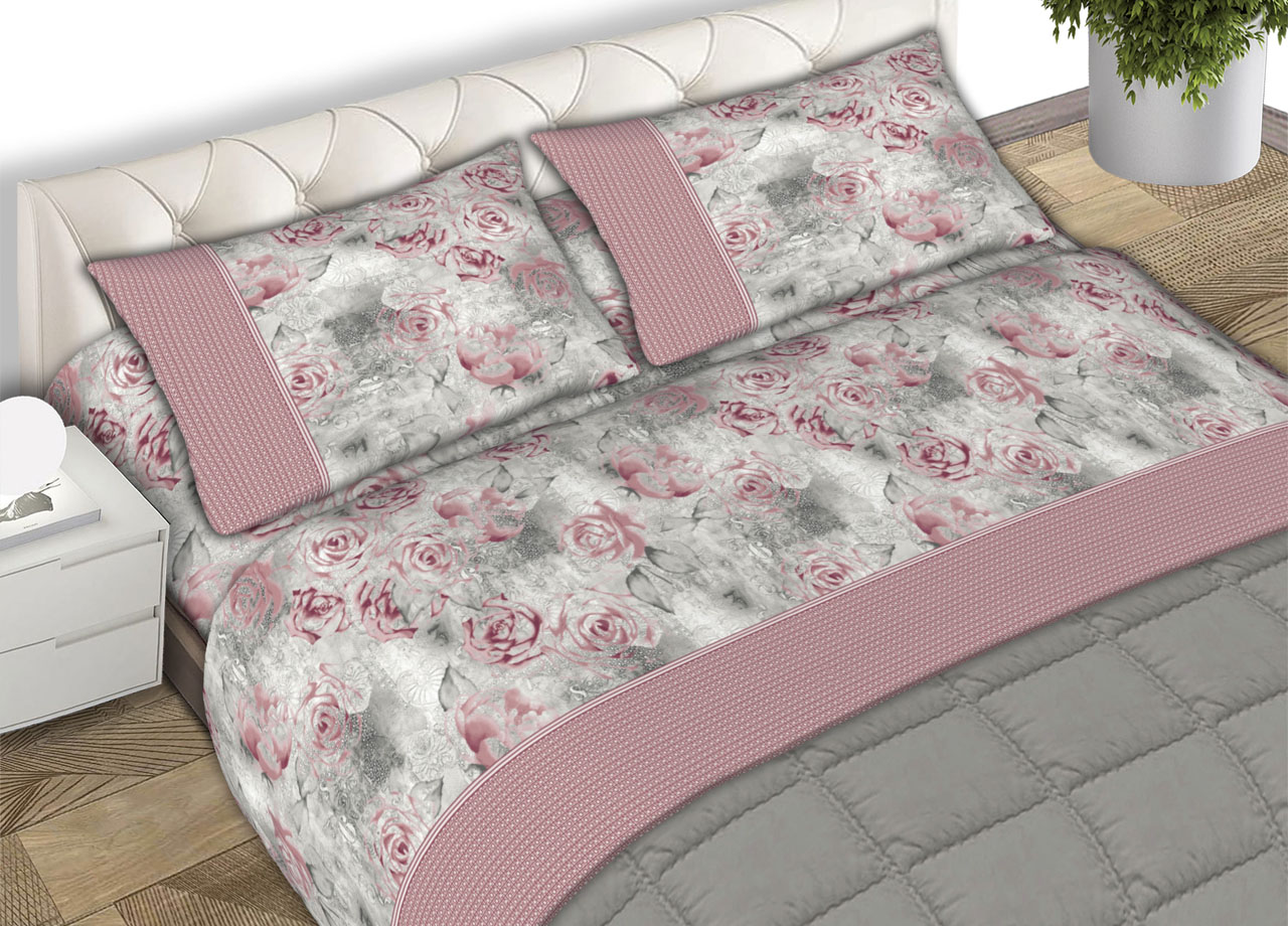 Completo Lenzuola Letto Matrimoniale 100% Cotone Made Italy Dis. Sonia CN 38 LENZ SONIA ROSA
