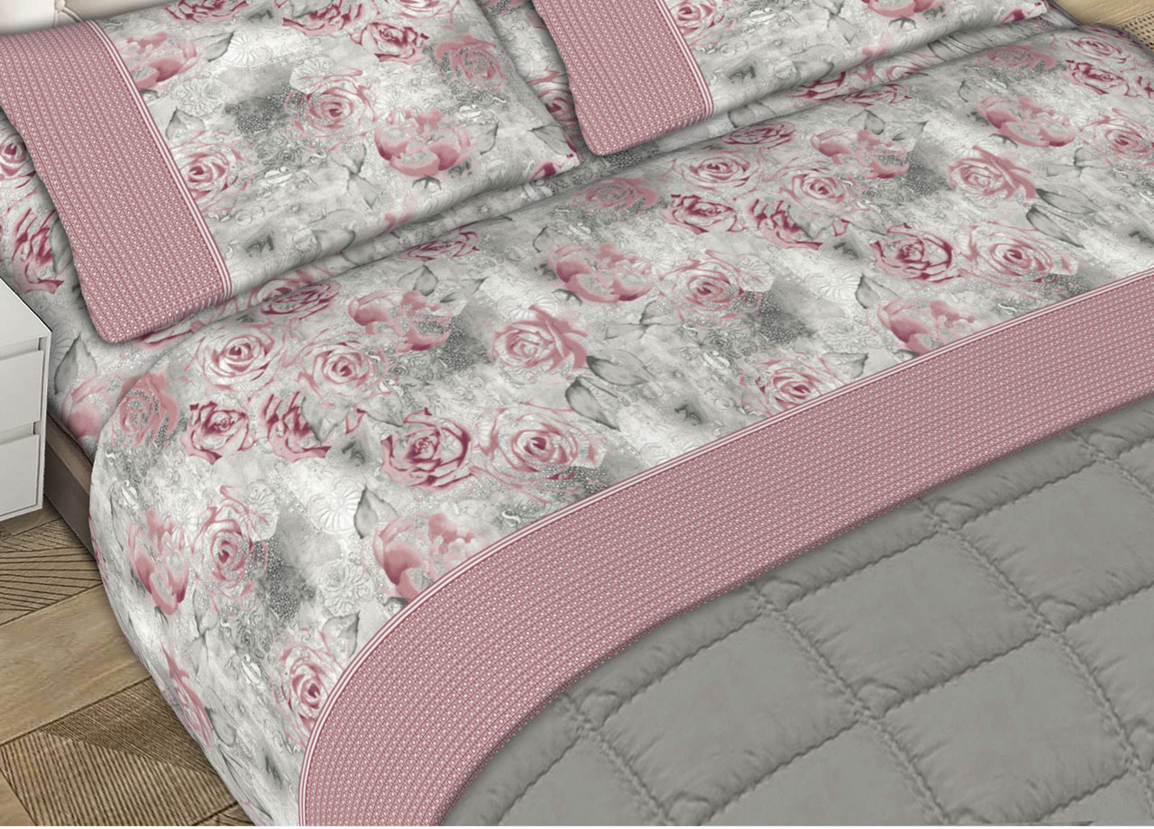 Completo Lenzuola Letto Matrimoniale 100% Cotone Made Italy Dis. Sonia CN 40 LENZ SONIA ROSA DETT2