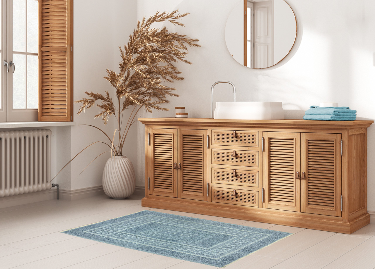 Tappeto Bagno Doccia Spugna Tinta Unita Torino Tappetino Super Assorbente In Cotone Pelo Corto Con Greca 7175 TAP TORINOO AZZURRO AMBIENT