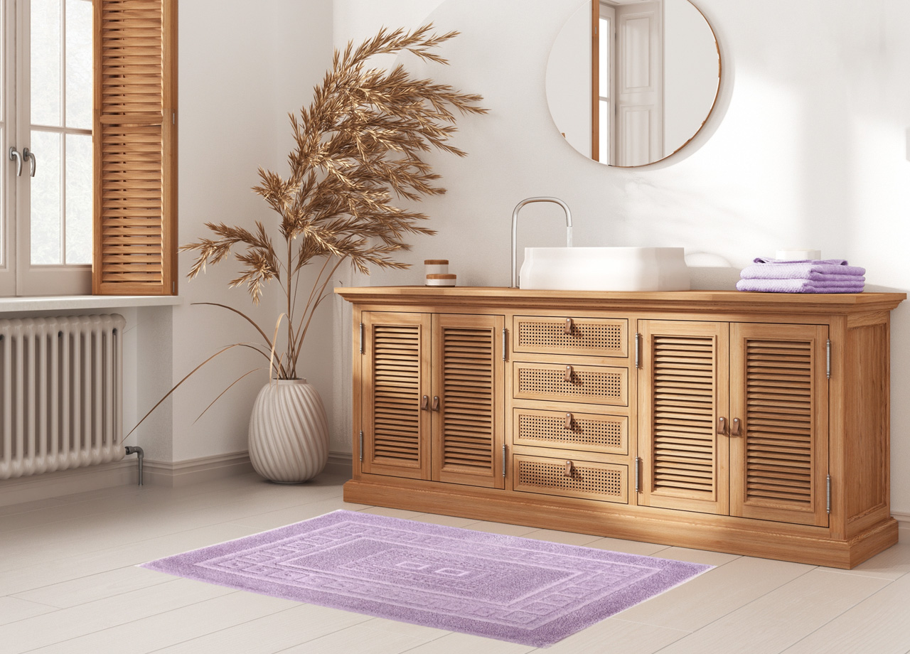 Tappeto Bagno Doccia Spugna Tinta Unita Torino Tappetino Super Assorbente In Cotone Pelo Corto Con Greca 7237 TAP TORINOO LILLA AMBIENT