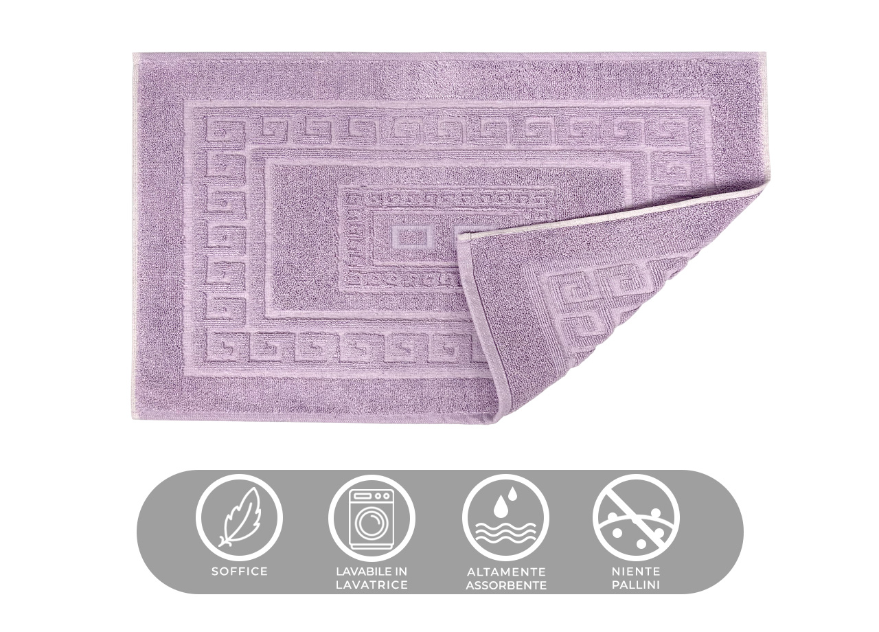 Tappeto Bagno Doccia Spugna Tinta Unita Torino Tappetino Super Assorbente In Cotone Pelo Corto Con Greca 7236 TAP TORINOO LILLA CARATTERISTICHE