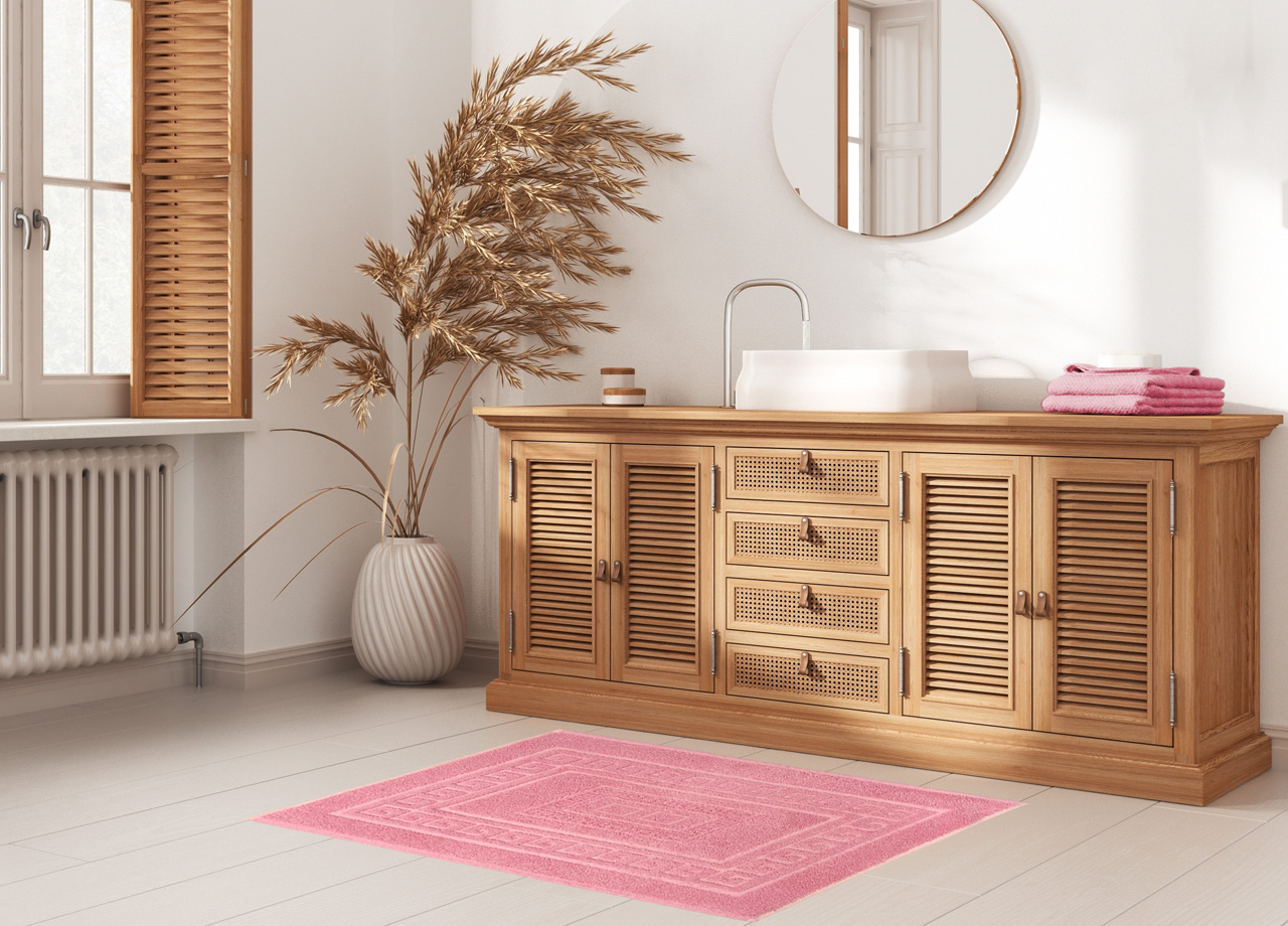 Tappeto Bagno Doccia Spugna Tinta Unita Torino Tappetino Super Assorbente In Cotone Pelo Corto Con Greca 7257 TAP TORINOO ROSA AMBIENT