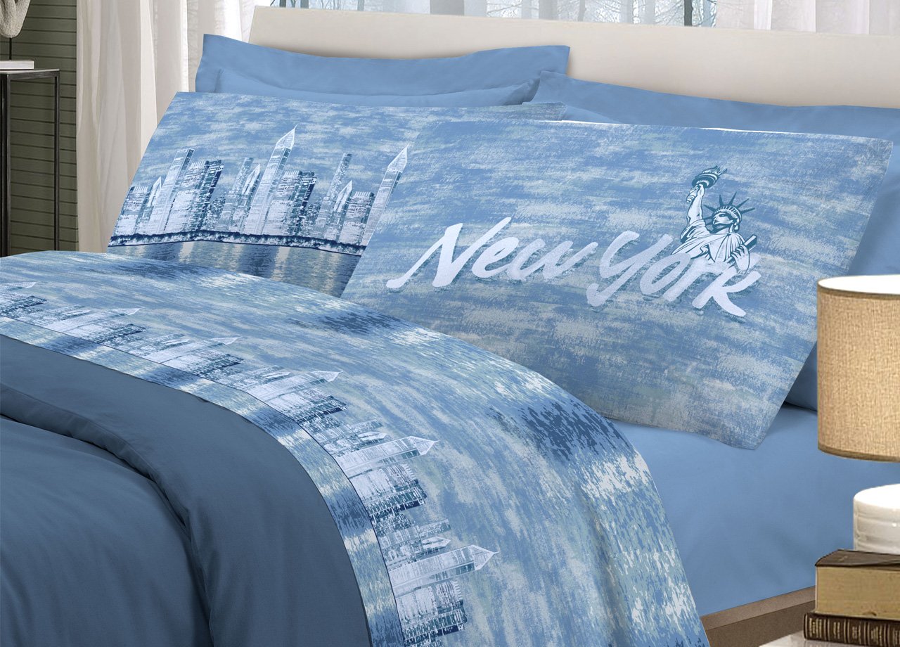Completo Lenzuola Linea Pensieri Delicati In Cotone D. New York Blu - immagine 1